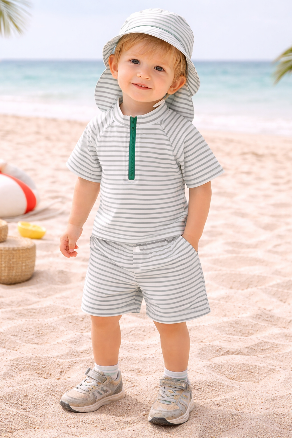 UV swimsuit with long sleeves and sun hat – striped design, UPF50+, quick-drying | kids swimwear