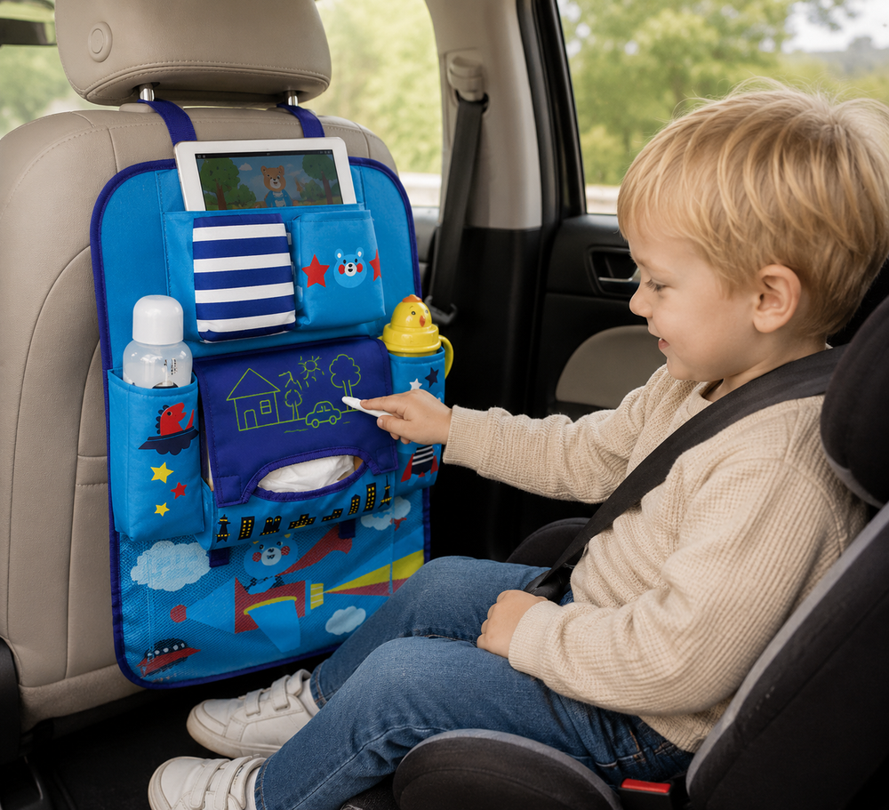 Car seat organiser – storage for toys, snacks & books | for kids