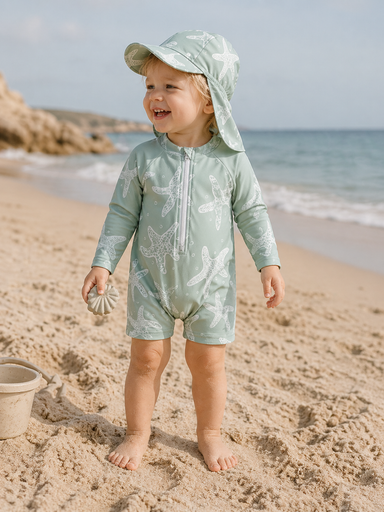 UV swimsuit with matching hat – turtle print, UPF50+ protection | Baby swimwear