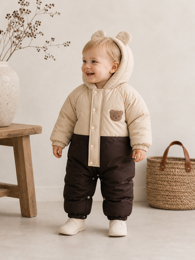 Baby bear jumpsuit keeps baby warm – soft, cosy hood, easy zip | winter onesie