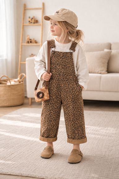 Girls' dungarees with leopard print – Adjustable straps, soft cotton | Children's clothing