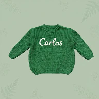Baby jumper with embroidered name – thick-knit cotton blend, round neck | personalised baby gift