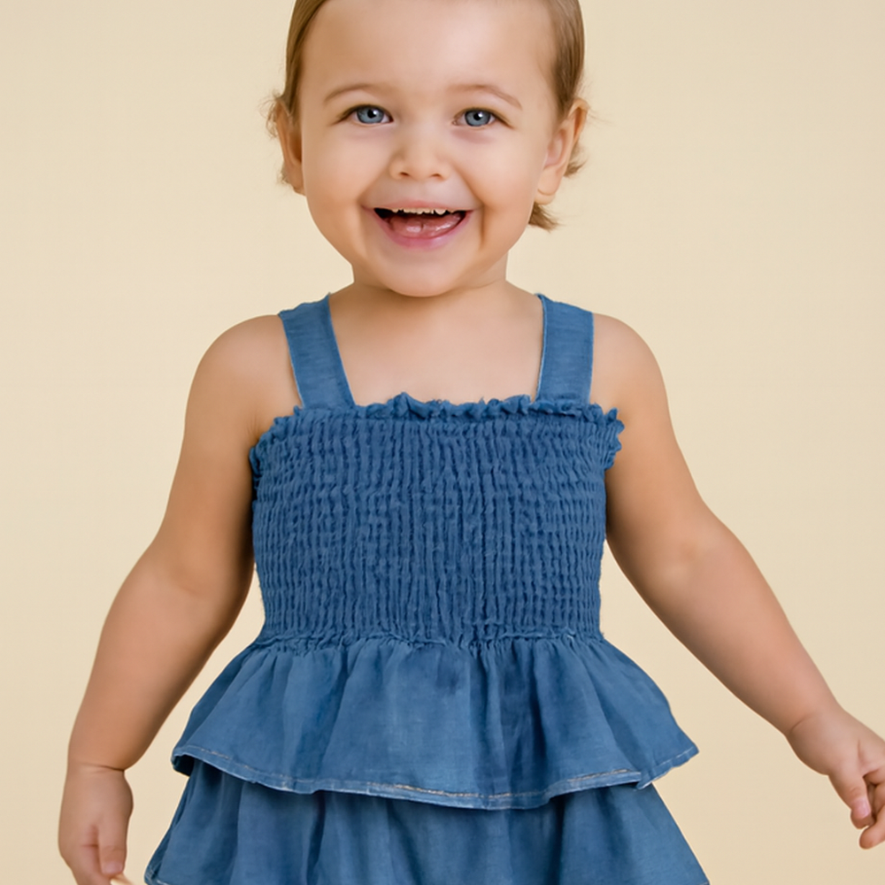 Denim cotton bodysuit dress – ruffle design, poppers, breathable | Baby girls