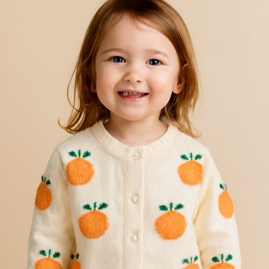 Girls' knit cardigan with playful fruit print – soft, button-front | Toddler jumpers