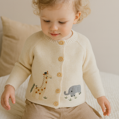 Baby animal knitted cardigan with soft cotton – button fastening, unisex | Baby knitwear