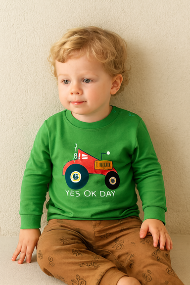 Boys' cotton tractor print set – jumper, trousers, elastic waistband | playwear