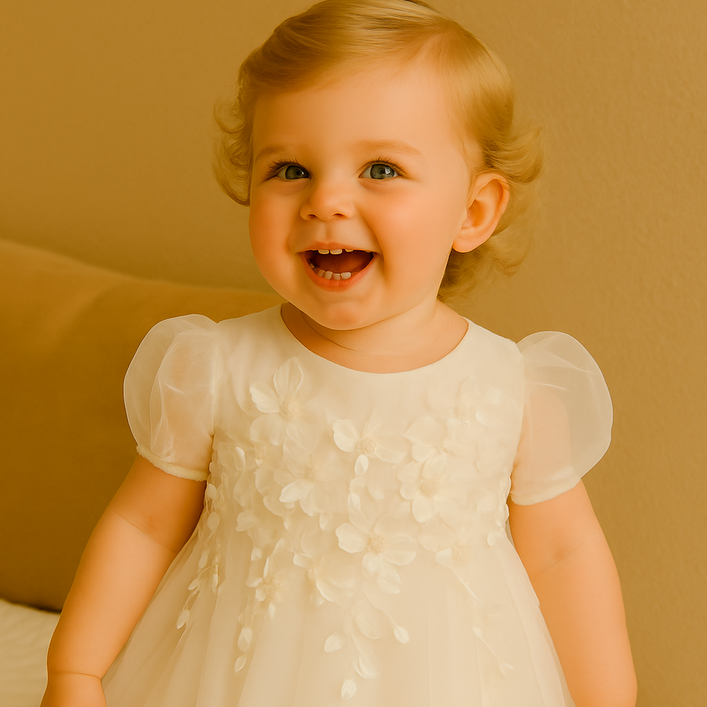 Flower girl dress with tulle skirt – satin top, floral appliqués, removable bow | occasion wear