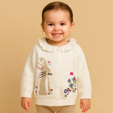 Knitted girls cardigan with bunny design – 100% cotton, button fastening | baby & toddler