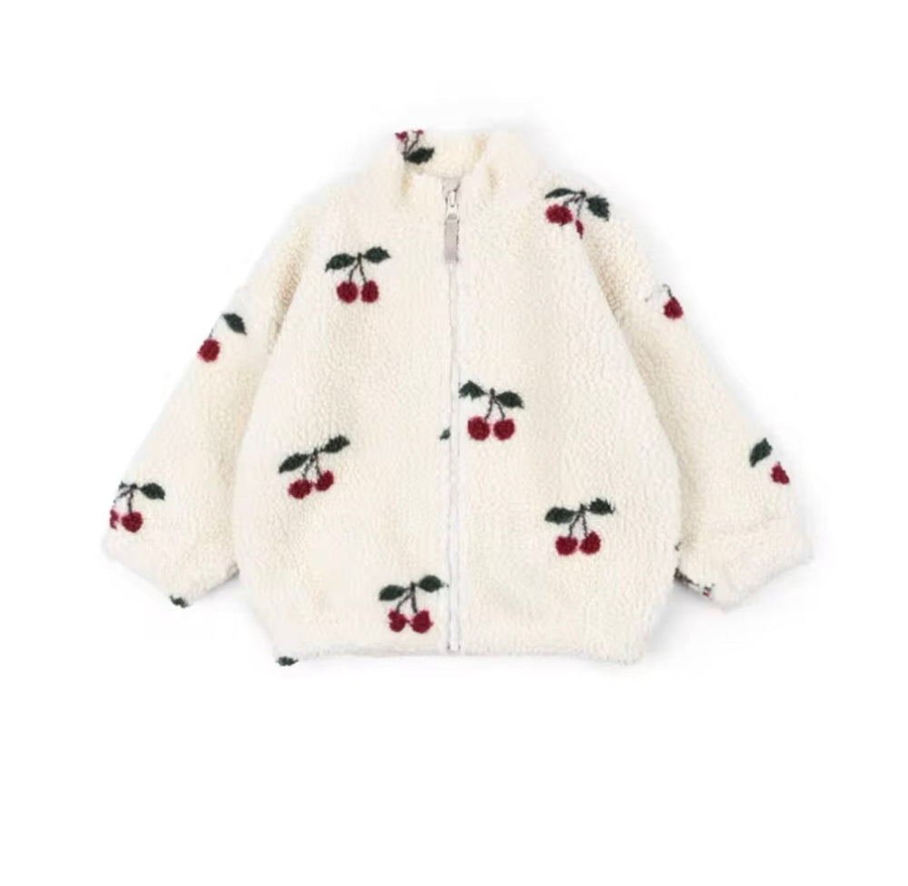 Fleece jacket with cherry print – soft teddy fleece, zip fastening | kids