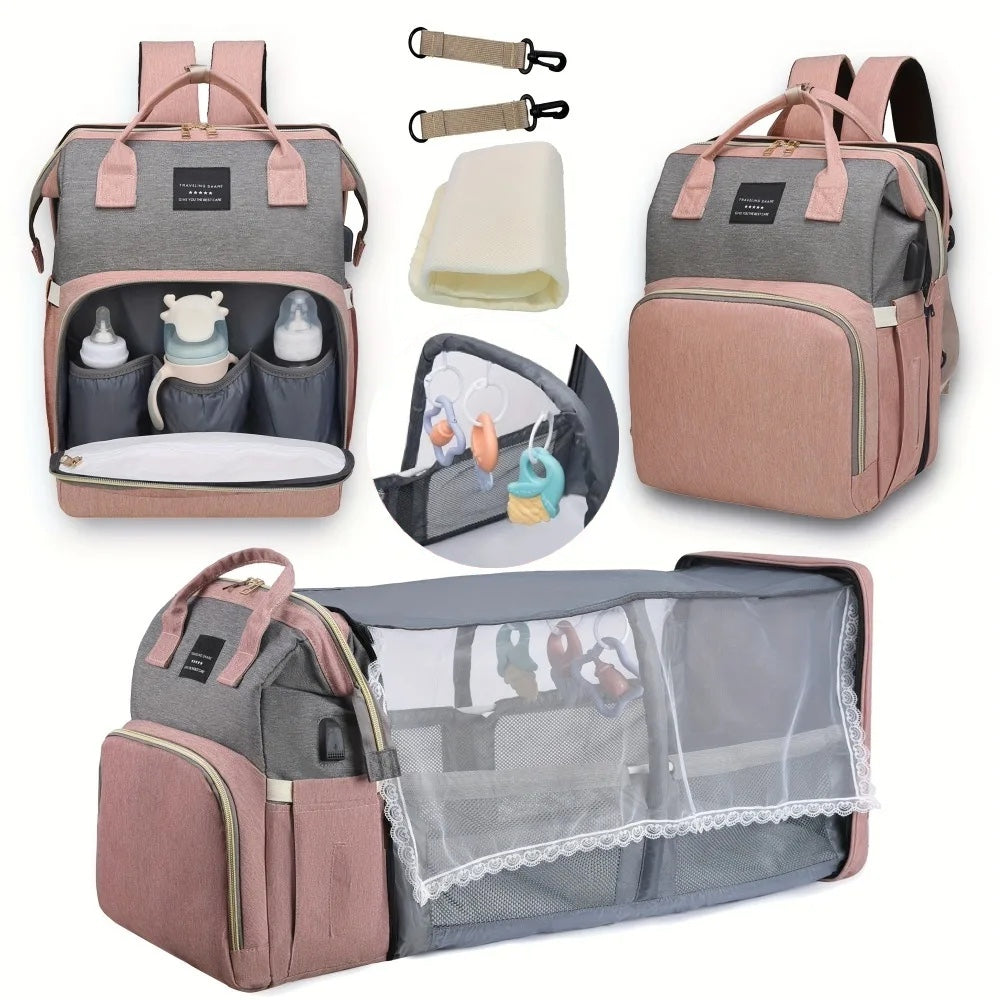 Changing bag with fold-out bed – waterproof, USB port, 16 pockets | Baby travel bag