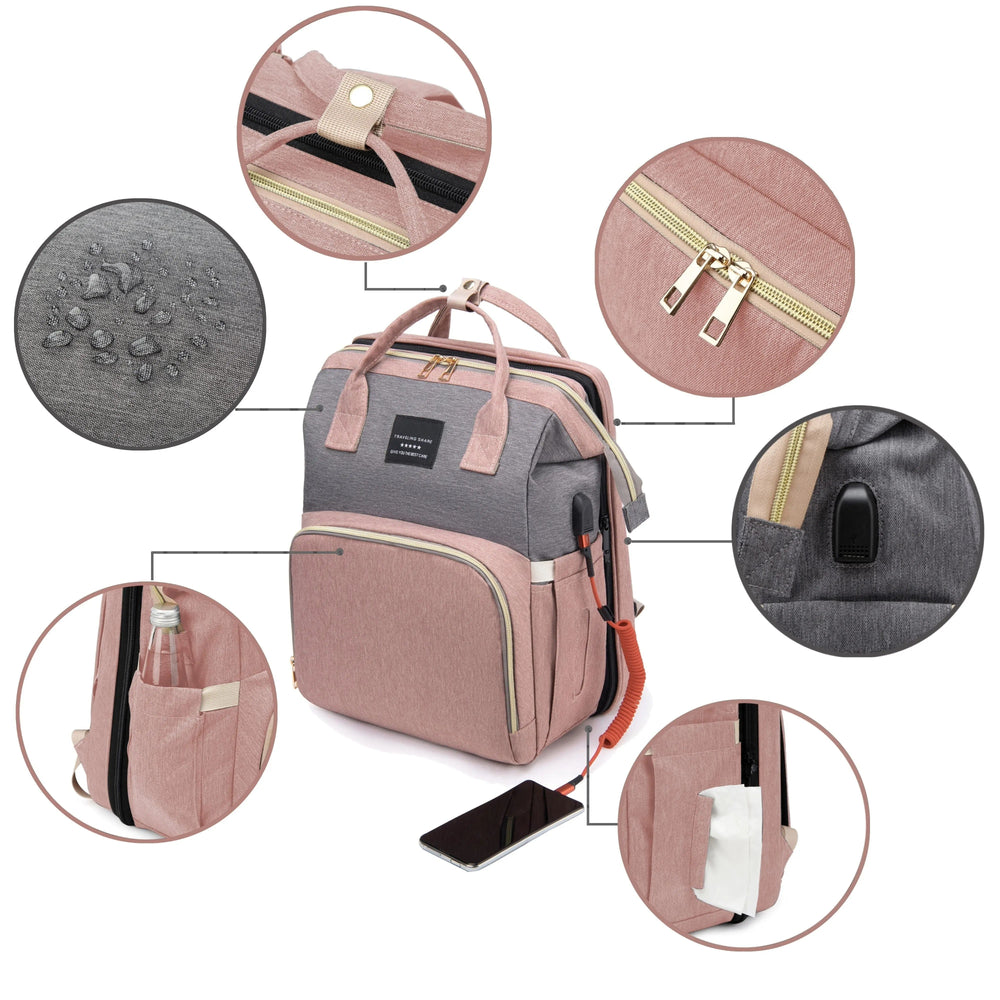 Changing bag with fold-out bed – waterproof, USB port, 16 pockets | Baby travel bag