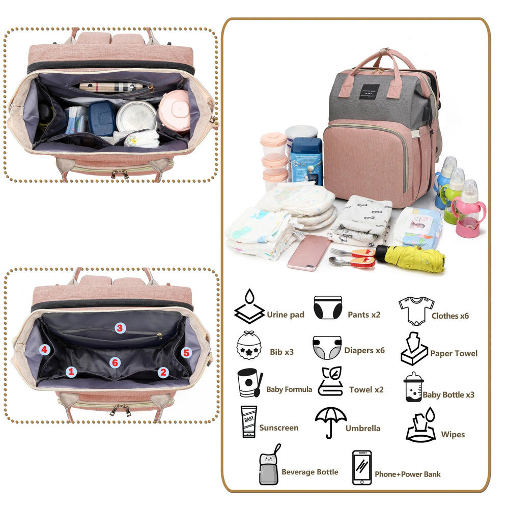 Changing bag with fold-out bed – waterproof, USB port, 16 pockets | Baby travel bag