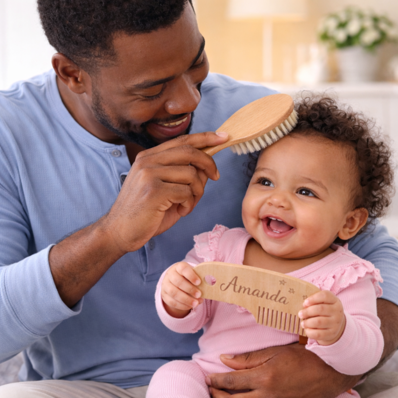 Personalised baby hairbrush with name – soft bristles, wooden handle | newborn gift