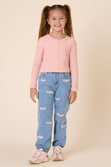 Girls' denim trousers and top set – soft cotton, elastic waist | 2-piece outfit