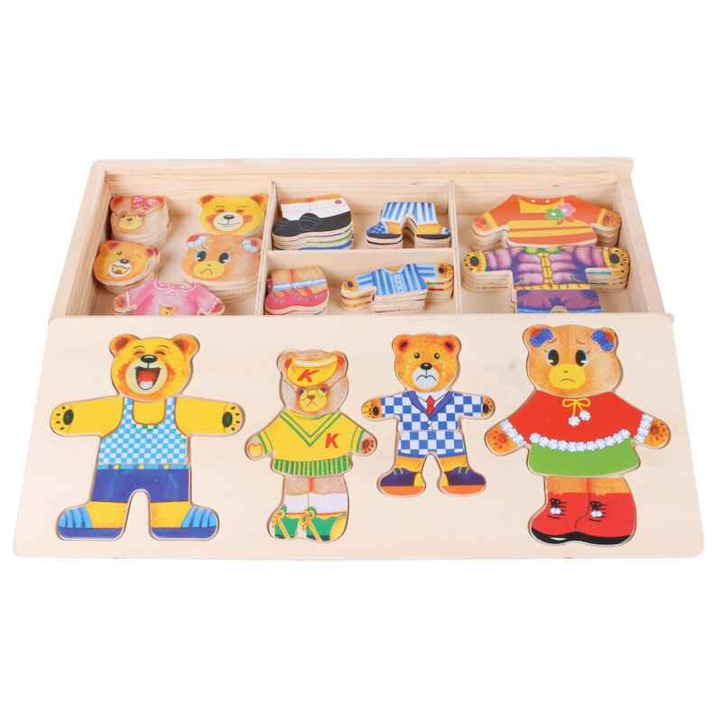 Wooden dress-up puzzle bear with 100 outfits – beech wood, from 2 years | dress-up puzzle