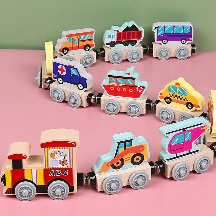 Wooden magnetic train set for imaginative play – colourful wagons, educational design | kids 3+