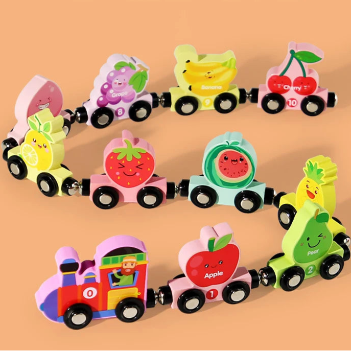 Wooden magnetic train set for imaginative play – colourful wagons, educational design | kids 3+