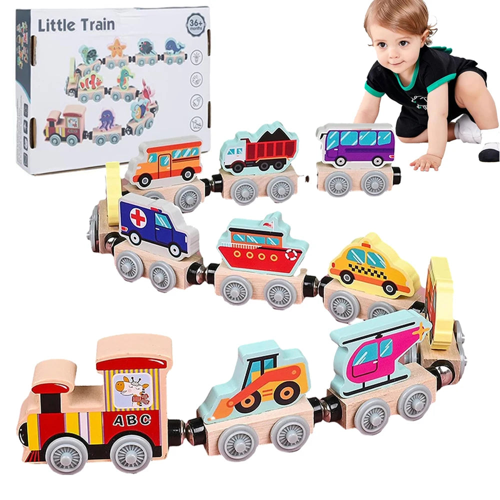 Wooden magnetic train set for imaginative play – colourful wagons, educational design | kids 3+