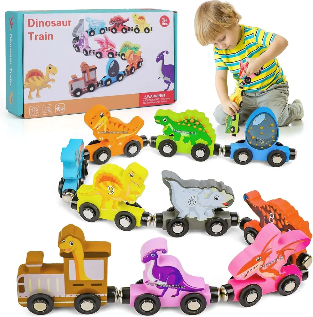 Wooden magnetic train set for imaginative play – colourful wagons, educational design | kids 3+