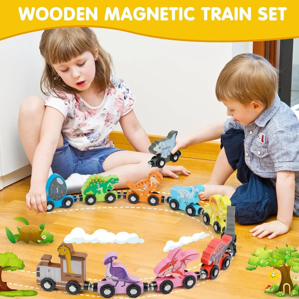 Wooden magnetic train set for imaginative play – colourful wagons, educational design | kids 3+