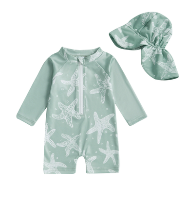 UV swimsuit with matching hat – turtle print, UPF50+ protection | Baby swimwear