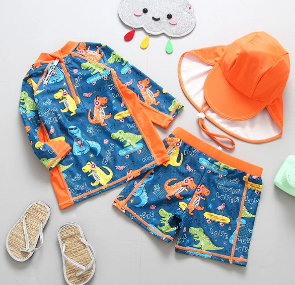 Dino UV swimsuit set with matching sun hat – UPF50+ protection, long sleeves | Baby swimwear