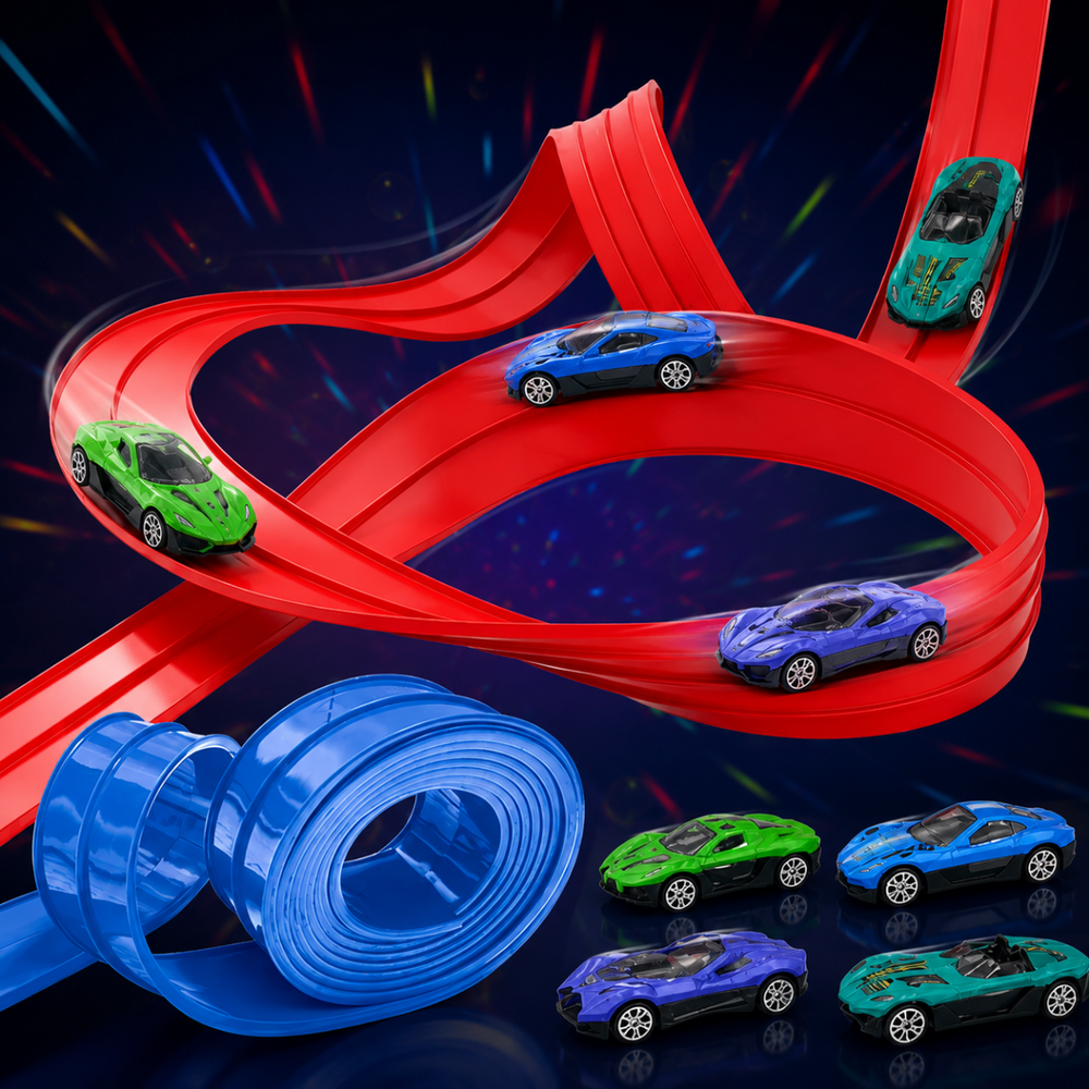 Flexible race track with push-and-go cars – 395cm, no batteries needed | Kids racing set