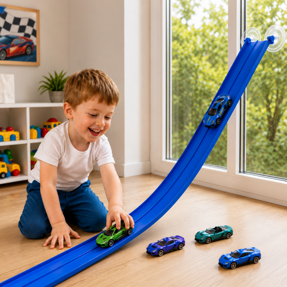 Flexible race track with push-and-go cars – 395cm, no batteries needed | Kids racing set