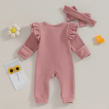Baby jumpsuit set with ruffle details – soft cotton, zip fastening | includes hairband