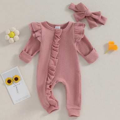 Baby jumpsuit set with ruffle details – soft cotton, zip fastening | includes hairband