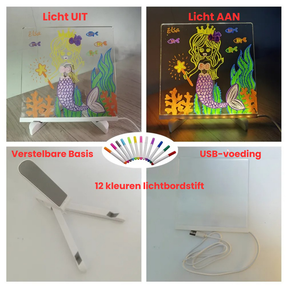 LED drawing board with magical light-up effect – rechargeable, reusable, includes pens | kids