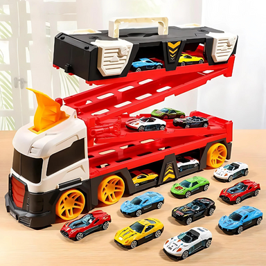 Toy truck and race track – 2-in-1 design with 6 mini cars | Ages 3+
