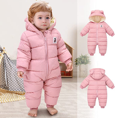 Baby snowsuit with warm fleece lining – elastic cuffs, cute hat, easy zip | unisex winter wear