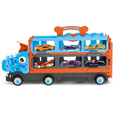 Dinosaur toy truck with pull-out race track – storage for mini cars, 6 included | kids 3+