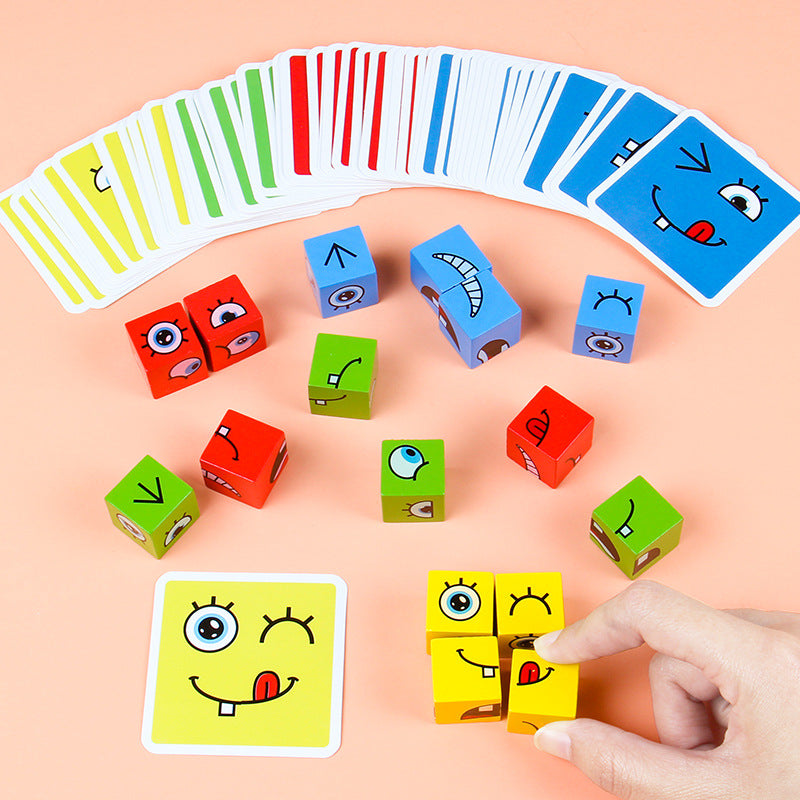 Montessori face game teaches emotions – wooden blocks, card prompts | ages 3+