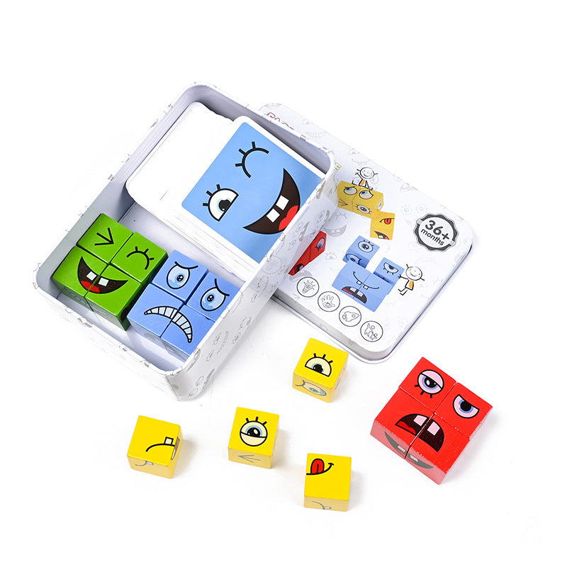 Montessori face game teaches emotions – wooden blocks, card prompts | ages 3+