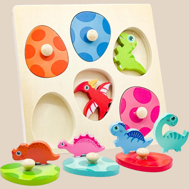 Wooden dinosaur puzzle with chunky knobs – colourful, educational, hidden surprises | toddlers