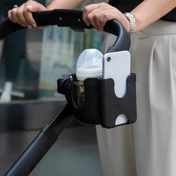 Pram phone and cup holder with universal fit – stable, 2-in-1 design | buggy accessory