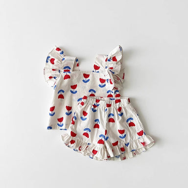 Girls' summer outfit with ruffles and tulip print – Soft cotton, elastic waist | 0–5 years