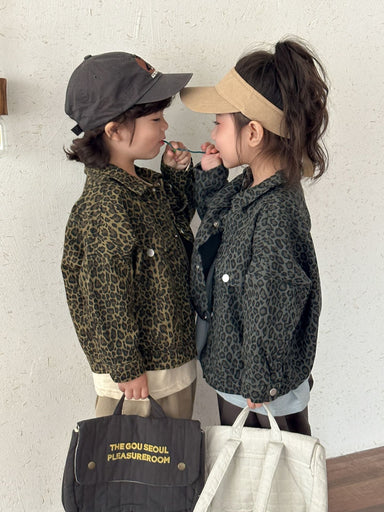 Denim jacket with leopard print – durable, poppers, versatile | kids outerwear