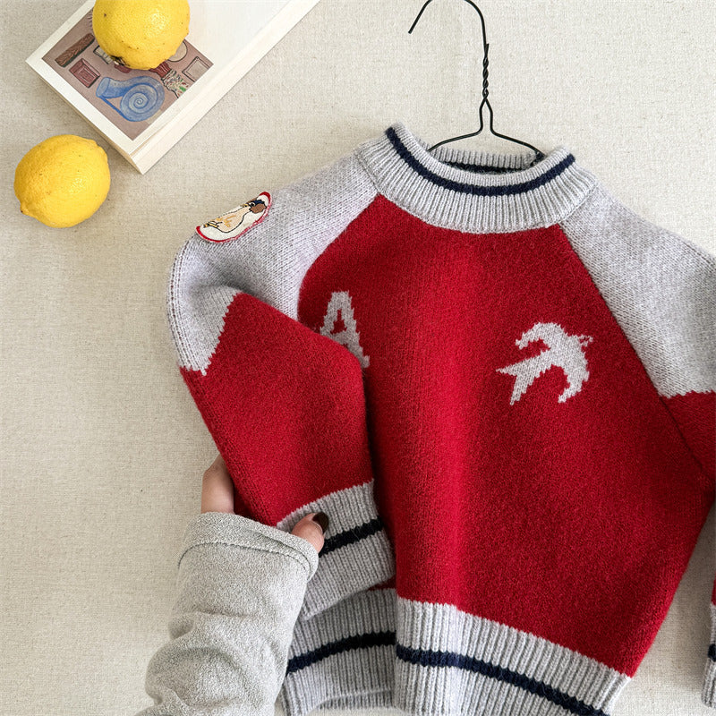 Knitted jumper keeps little ones warm – ribbed cuffs, bird print | boys