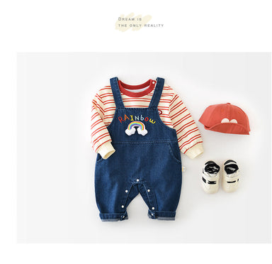 Denim dungarees with rainbow applique – adjustable straps, soft cotton | Baby girls