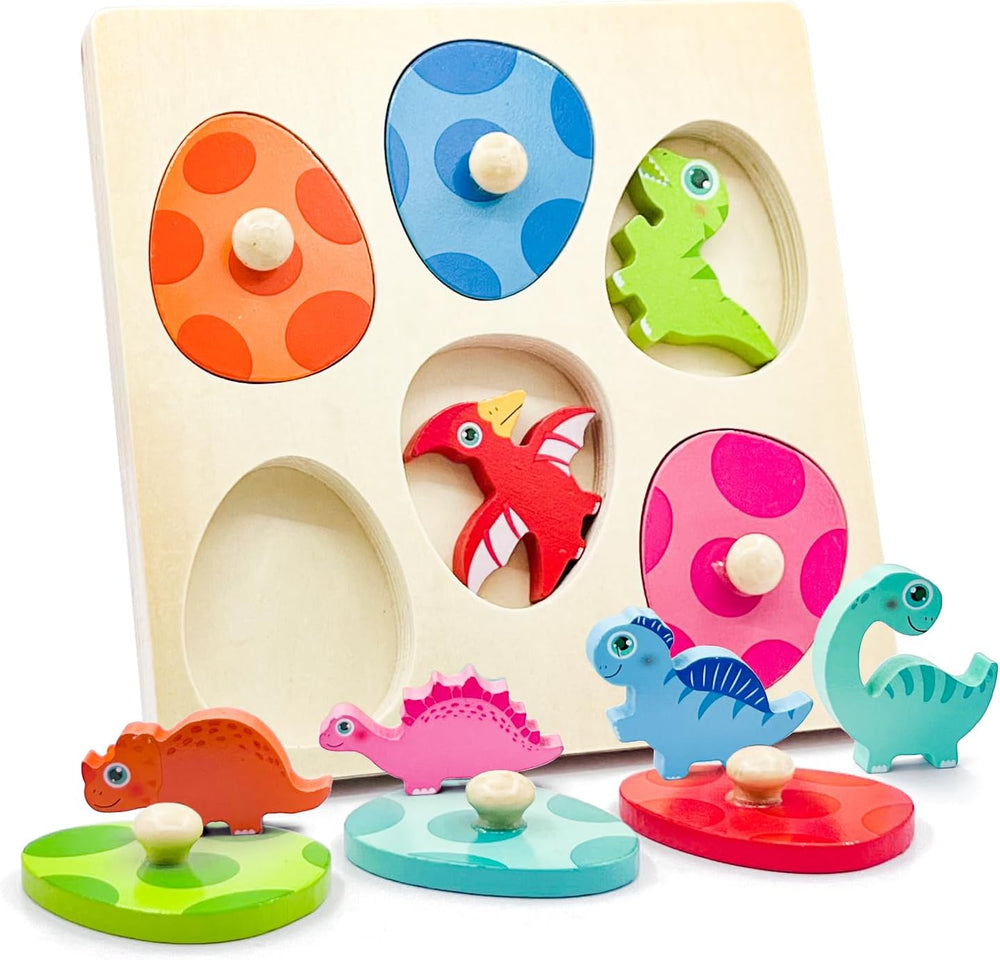 Wooden dinosaur puzzle with chunky knobs – colourful, educational, hidden surprises | toddlers