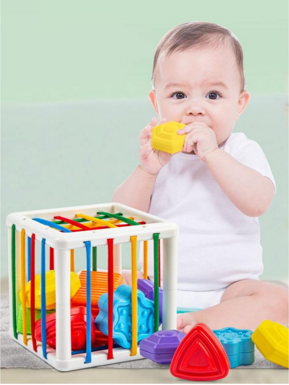 Sensory shape cube – motor skills, BPA-free, flexible bands | Montessori toy