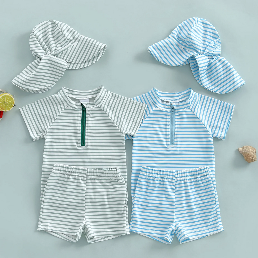 UV swimsuit with long sleeves and sun hat – striped design, UPF50+, quick-drying | kids swimwear