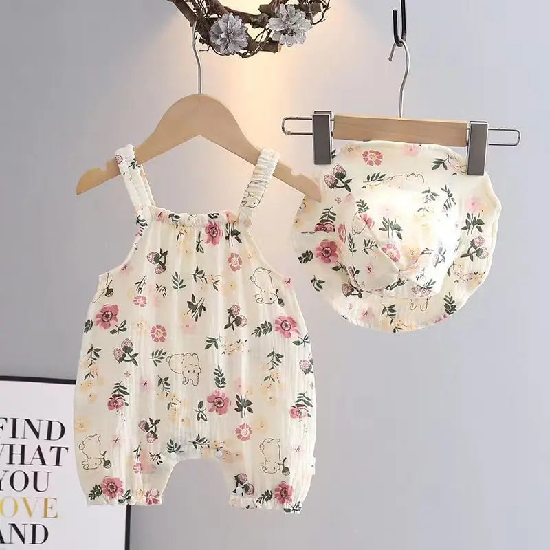 Sleeveless babygrow with sun hat – lightweight, breathable, easy-change | Summer outfit
