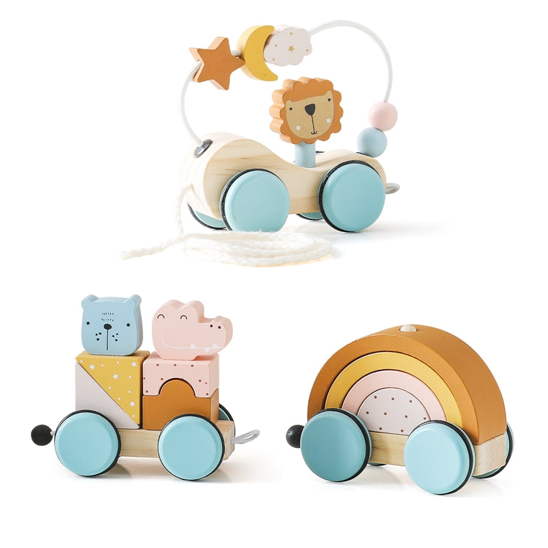 Wooden toy train with animals & rainbow blocks – connectable, durable wood | toddlers