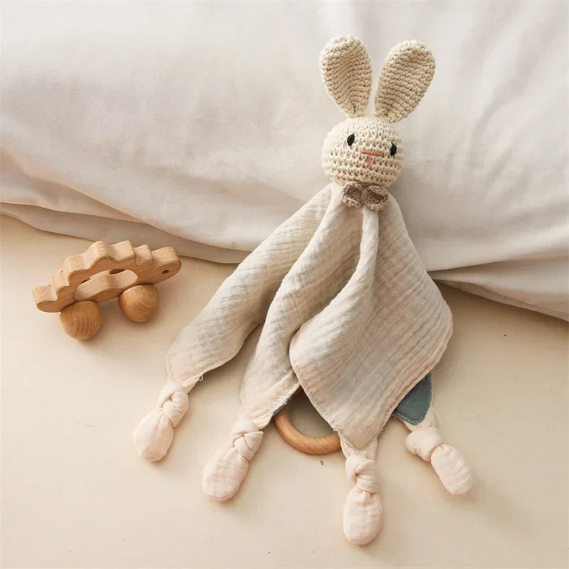 Baby comforter with wooden teether and rattle – soft cotton, soothes teething | Cuddle toy