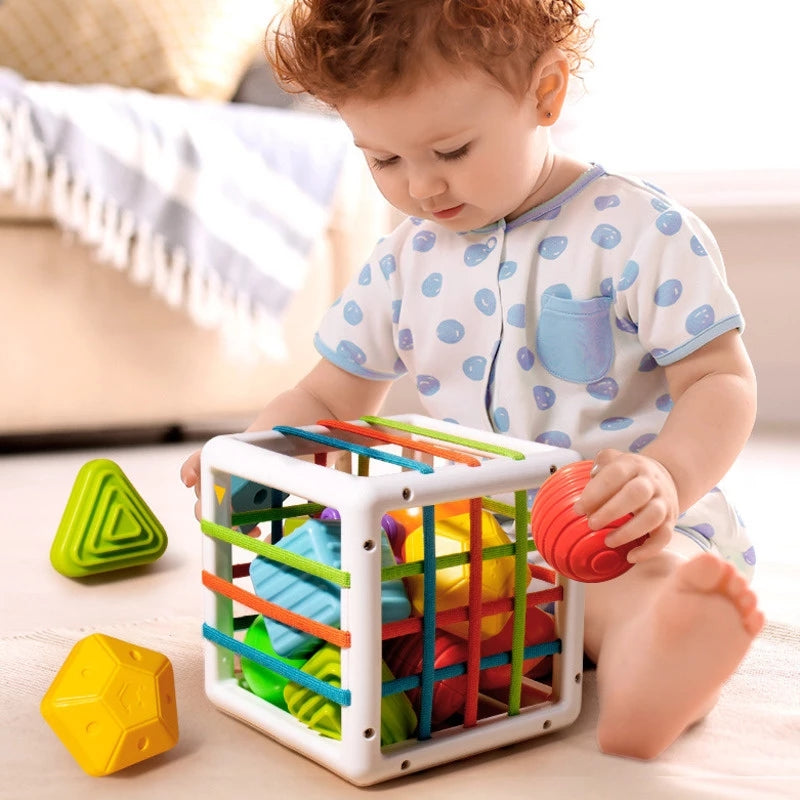 Sensory shape cube – motor skills, BPA-free, flexible bands | Montessori toy
