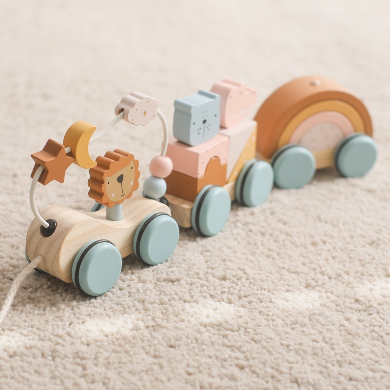 Wooden toy train with animals & rainbow blocks – connectable, durable wood | toddlers